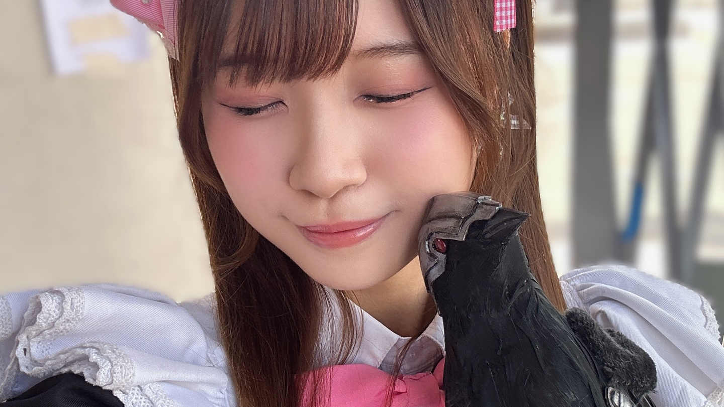 A Japanese girl in a maid costumer snuggles a cybercorvid.