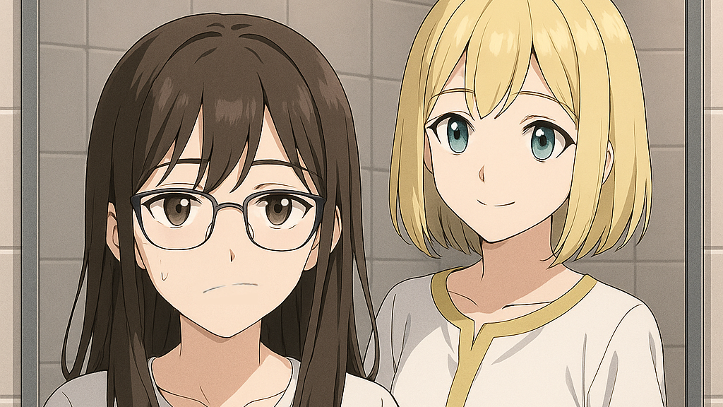 A brunette looks wearily in a mirror where a blonde woman stands behind the reflection.