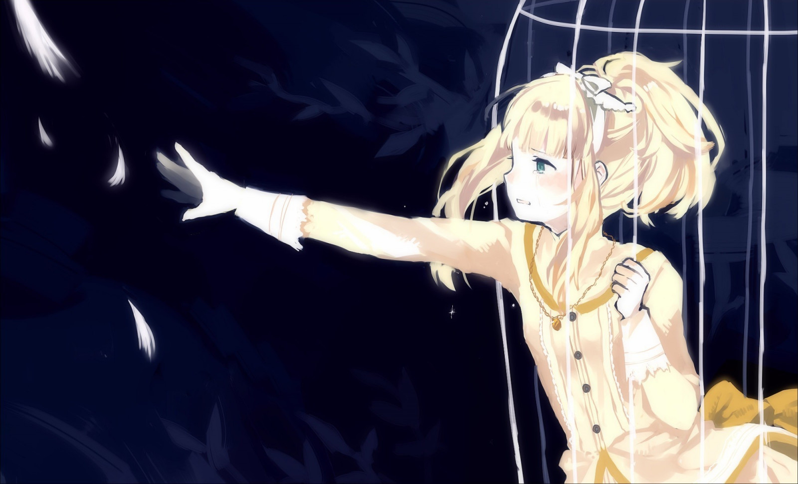 A blonde anime girl stuck in a cage reaches out.
