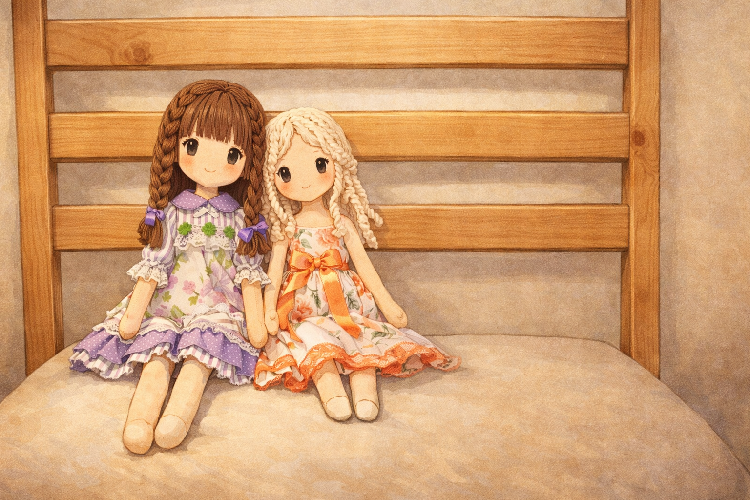 A blonde and brunette ragdoll sit against each other.