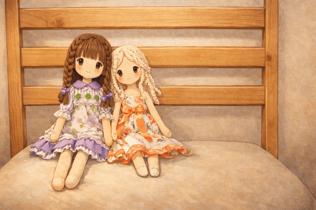 A blonde and brunette ragdoll sit against each other.