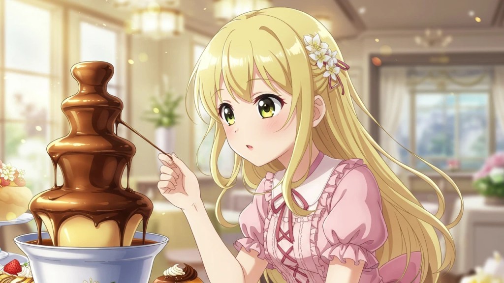 A blonde anime girls eats some chocolate fondue.