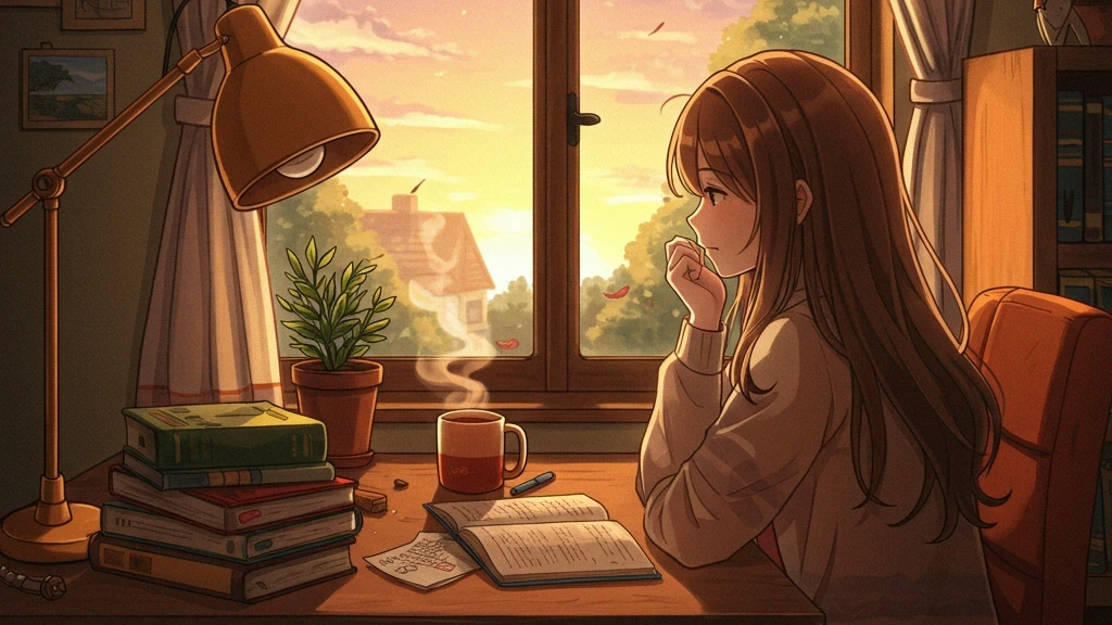A young girl sitting at a desk looks out a window at Sunset.