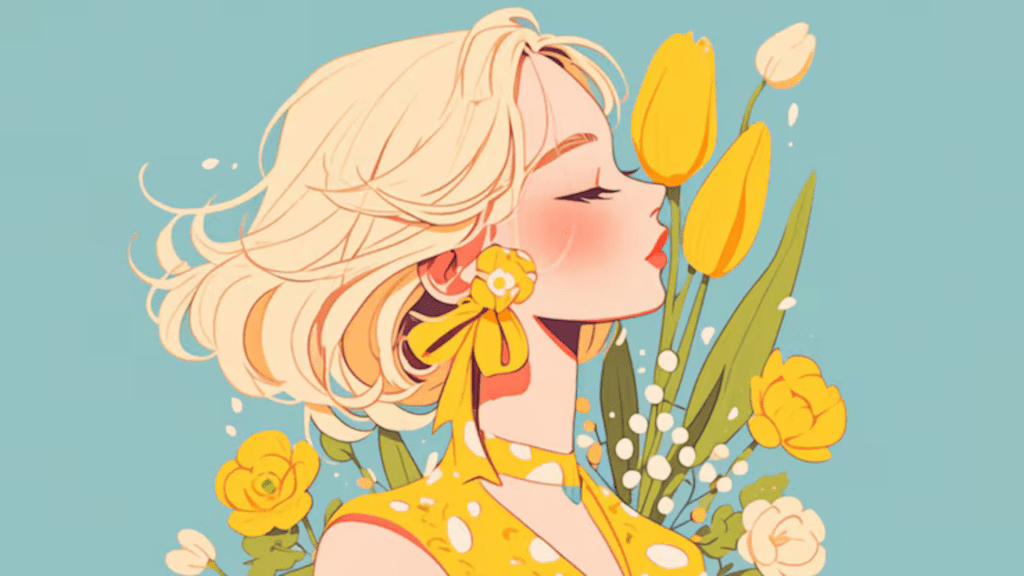 A blonde anime girl in yellow holding yellow tulips.
