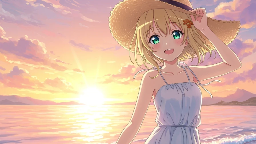 A young blonde aniime girl in sundress and hat smiles at the beach at sunset.