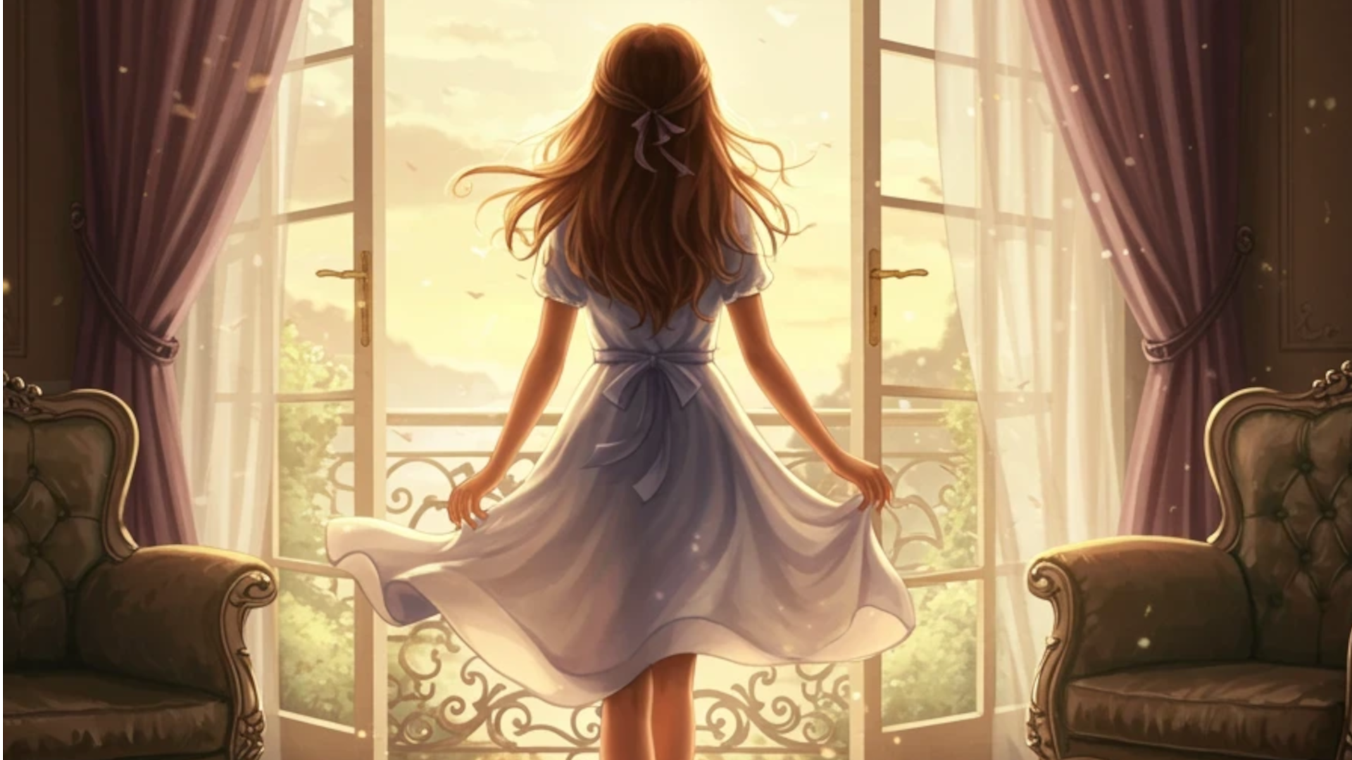 A young woman looks out the doors of a balcony onto the landscape.
